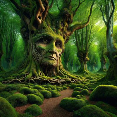 The primary subject of the image is a large tree with a face carved into it. The tree is surrounded by a forest, with several other trees visible in the background. The visual style of the image is a combination of photo and digital art, creating a unique and intriguing scene. The colors and mood of the image are predominantly green, with a sense of mystery and wonder.